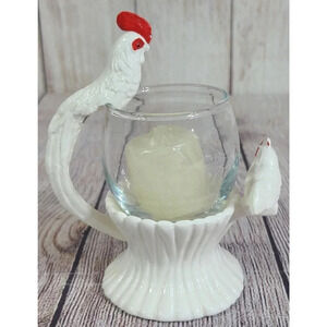 Vintage FF Japan Chicken Rooster Glass Votive Candle Holder White Red 5.5" 1980